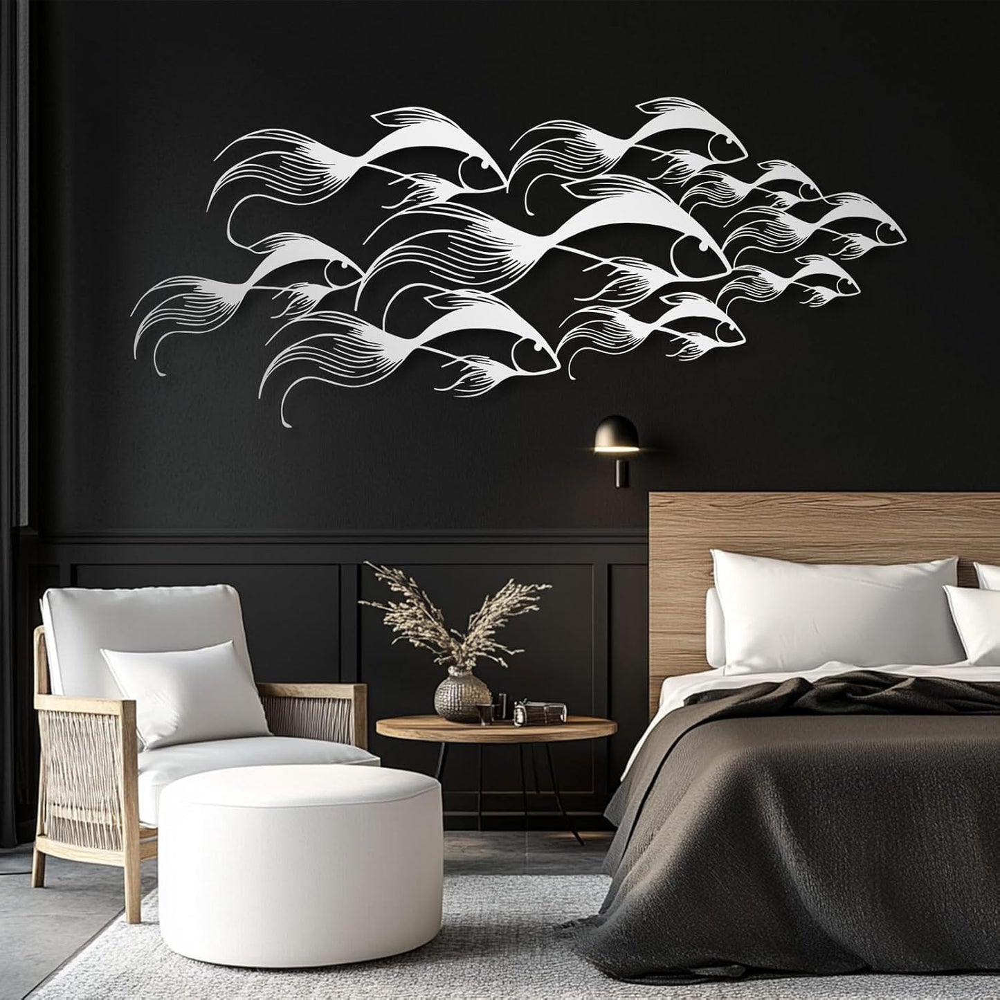 School of Fish Metal Wall Art, Metal Fish Wall Decor, Sea Life Wall Art, Large Nautical Wall Hanging, Modern Beach House Wall Decor, Ocean Themed Artwork for Bathroom (Gold, 48"x20" | 121x51cm)
