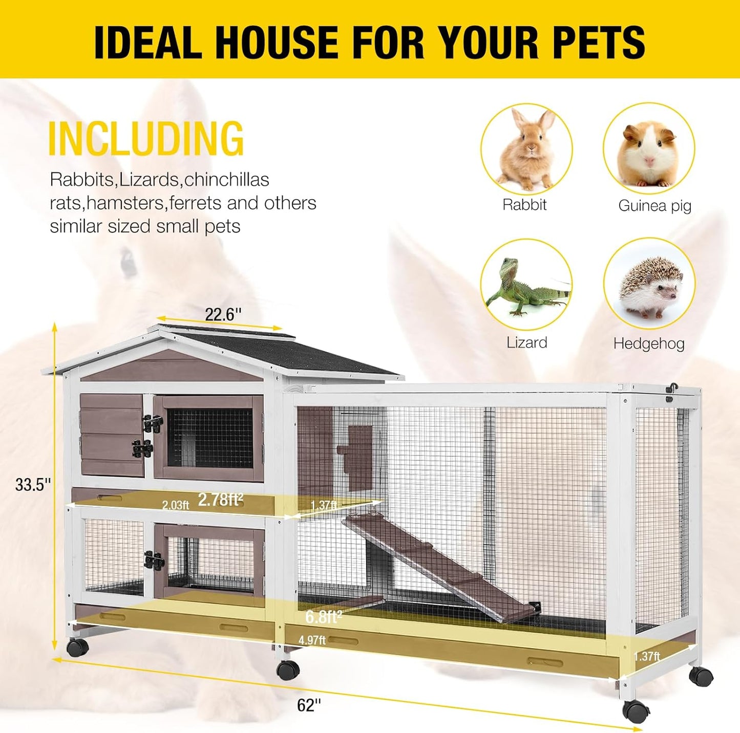 Aivituvin Rabbit Hutch Rabbit Cage Indoor with Casters Bunny Cage Outdoor for Small Animals with Pull-Out Tray