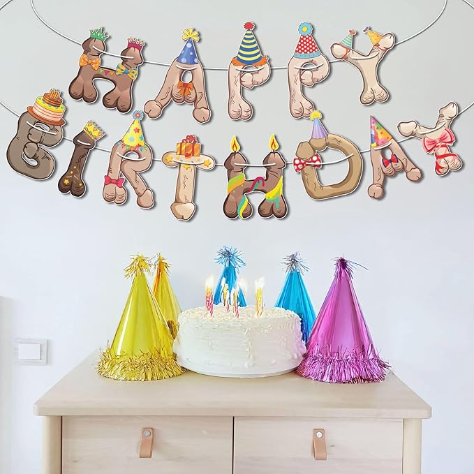 Funny Penis Happy Birthday Banner Garland — Pre-Strung Naughty Adult Birthday - Image 3