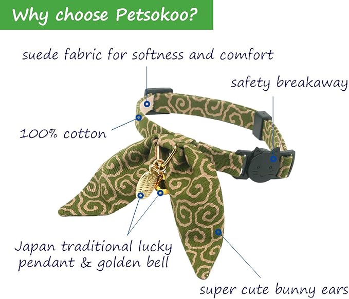 Bunny Ears Cat Collar, Japan Lucky ‘開三運’ Charm. Safety Breakaway Bowtie Kitten - Image 2