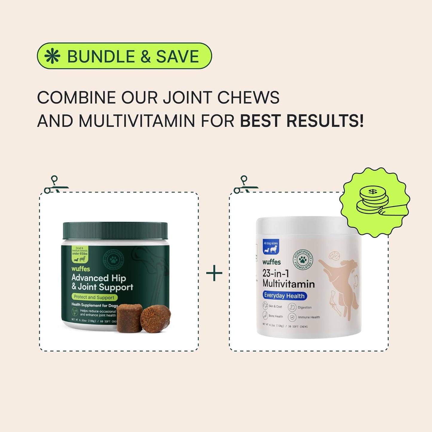 Wuffes Hip and Joint Supplement for and 23-in-1 Multivitamin Bundle for Dogs (Small & Medium Breed)