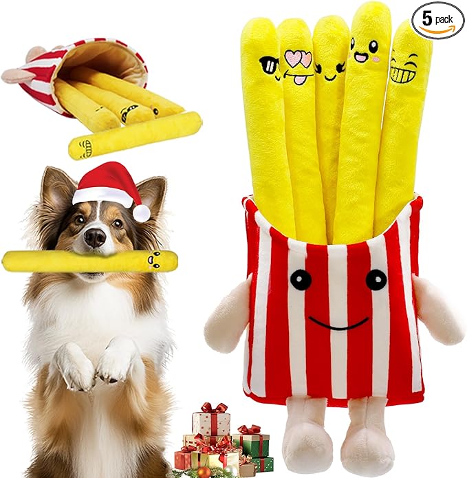 YZHDUXIU Dog Squeak Toys, 5 Pack Christmas French Fry PlushToys Interactive by Yzhduxiu