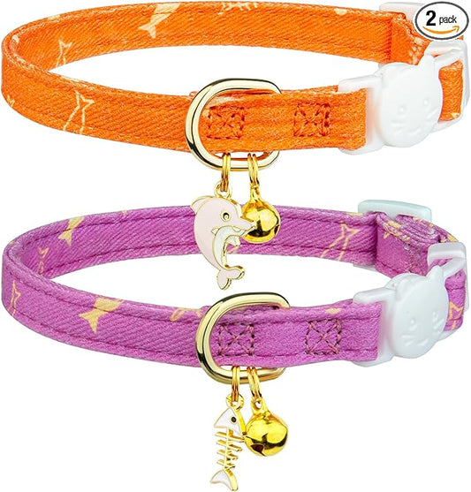 2 Pack Cotton Breakaway Cat Collar Orange and Purple Fish Pendant Cute Kitten by Fyeqyaou