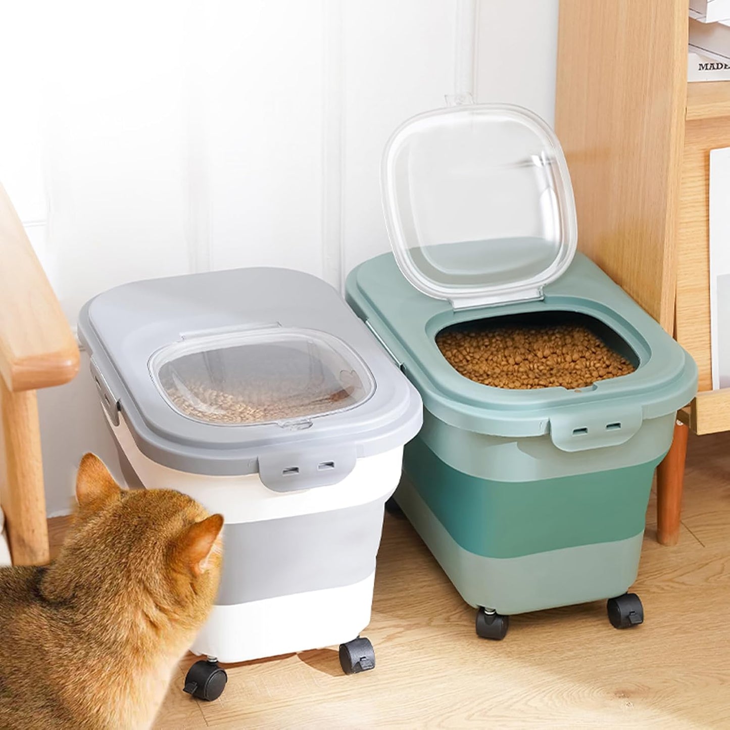 Collapsible Dog Food Storage Container with Lids, Airtight 30 35 Lbs Rice Cereal Flour Sugar Containers Dispenser, Sealable 20 25 Lbs Dog Pet Cat Bird Seed Kitchen Holder Bin Bucket with Rolling Wheel