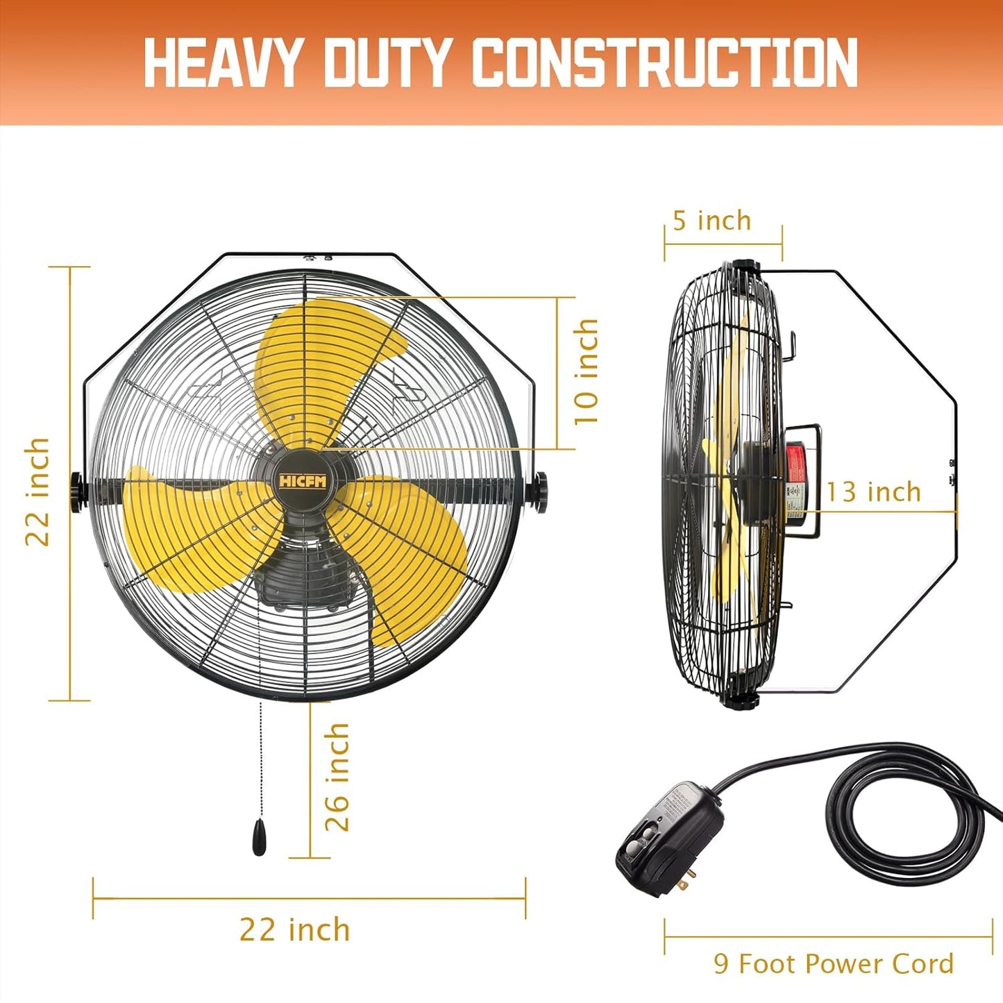 HiCFM 5100 CFM 20 inch Outdoor High Velocity Wall Mounted Fan with IP44 Enclosure Motor, Sealed Control Box, 9 FT Cord & GFCI Plug, Weatherproof for Patio, Workstation - UL Listed, 2 Pack