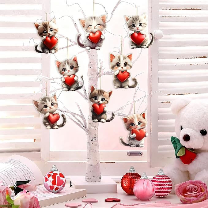 8 Pcs Valentine's Day Ornaments Cute Cat Holding a Red Heart Designs 2D Acrylic - Image 2