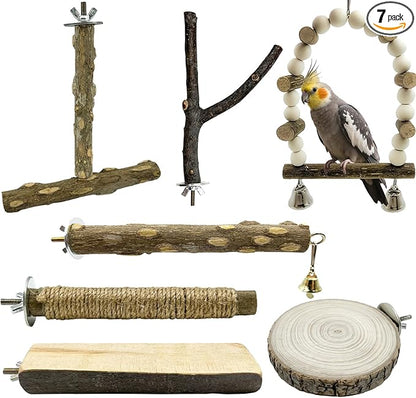 7Pcs Natural Wooden Bird Perch Set – Parrot Perch Toys, Wooden Perch Swing by Unknown