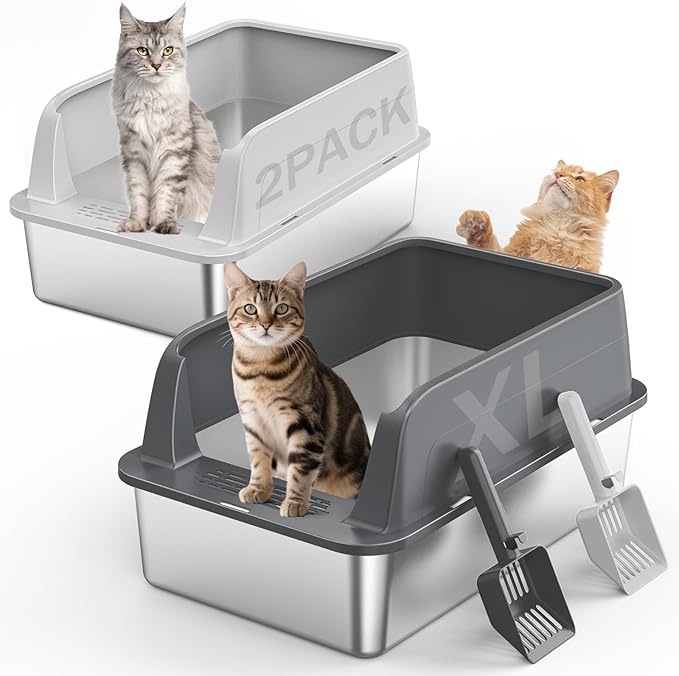 2PACK Stainless Steel Litter Box, Extra Large Litter Boxes by MIXJOY