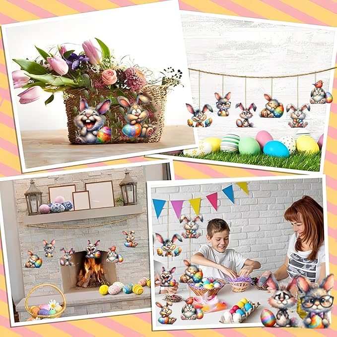 8 Pcs Easter Hanging Ornaments for Tree 2D Acrylic Cartoon Bunny - Image 5