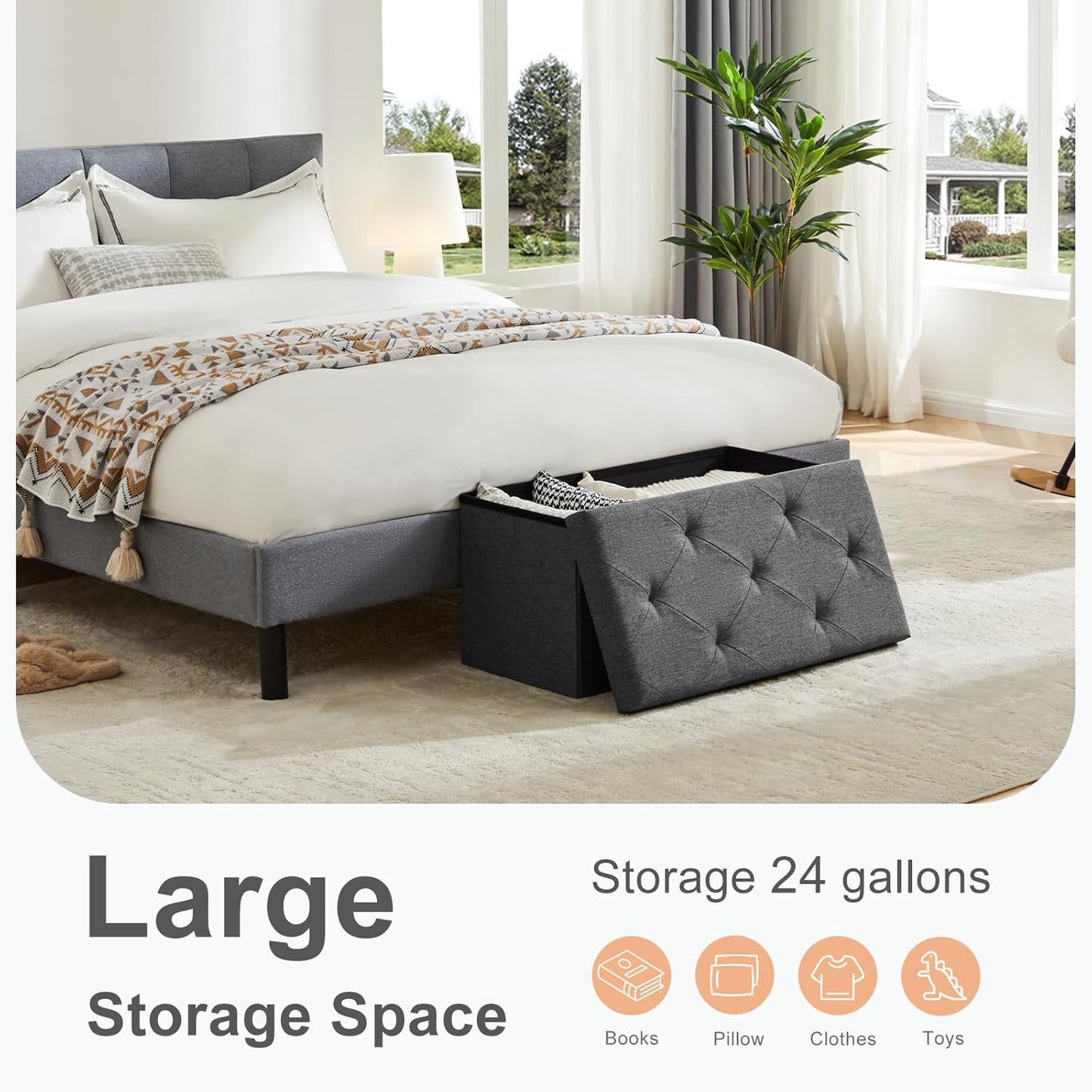 Sweetcrispy 30 Inches Folding Storage Ottoman Bench, Large End of Bed Foot Rest Stools Ottoman Storage Chest with Padded Seat for Bedroom, Living Room, Entryway, Holds up to 660 lb, Deep Grey