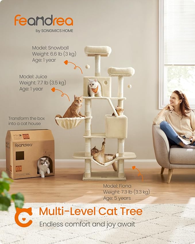 Feandrea Cat Tree, 66.1-Inch Large Cat Tower, 2 Perches, 2 Caves - Image 2