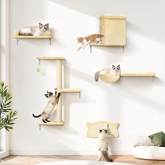 5-in-1 Cat Wall Shelves, Solid Wood & Velvet & Sisal Scratcher, 44lbs Max Load by PLEKER