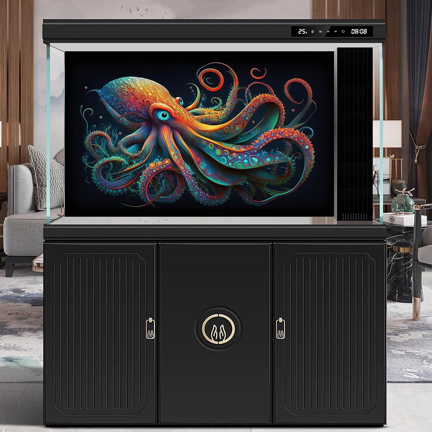 Octopus Aquarium Background Abstract Colorful Octopus Terrarium Background Glowing Octopus on Black Background Fish Tank Backdrop Poster Wallpaper Decorations Vinyl 72x16in