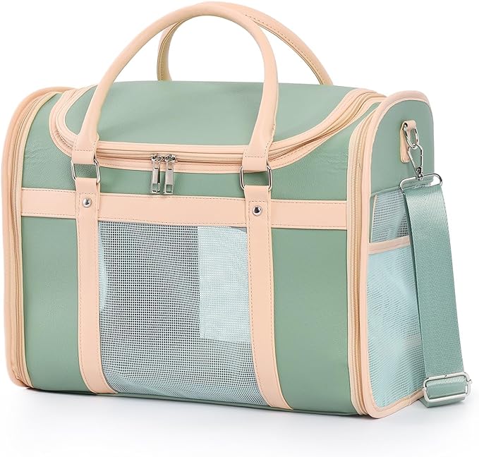 Luxury Mint Green PU Leather Pet Carrier Bag, Airline Compliant Portable Travel - Image 2