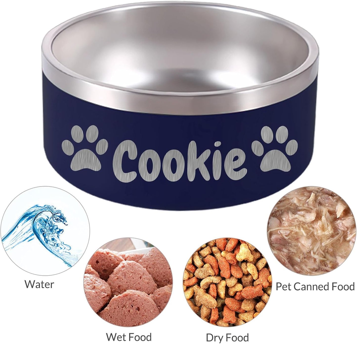 42OZ Personalized Dog Bowl Laser Engraved Custom Pet Name 18/32/42/64 oz No Slip Stainless Steel Insulated Bite-Resistant Food Water Dishes-White