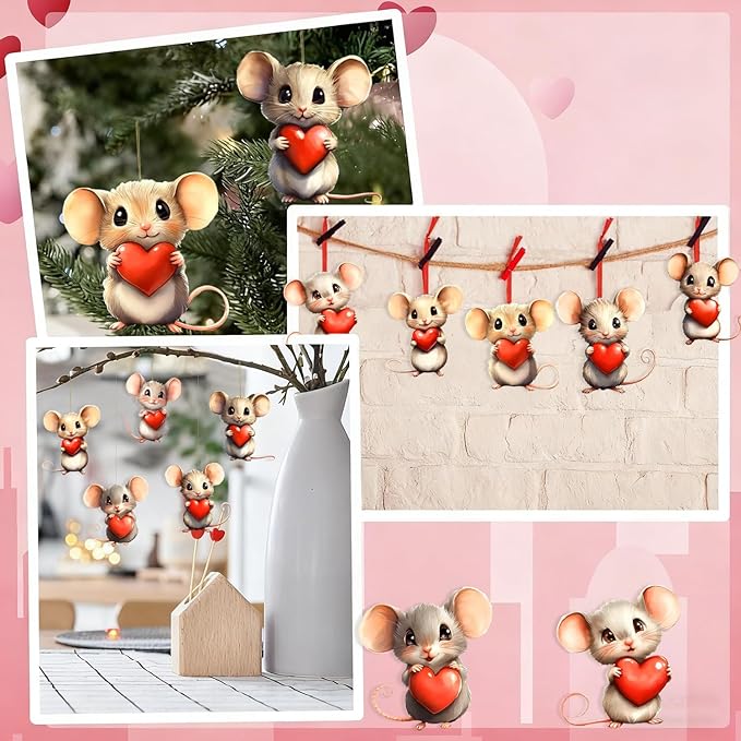 8 Pcs Cute Mouse Holding a Red Heart Ornaments - Image 7