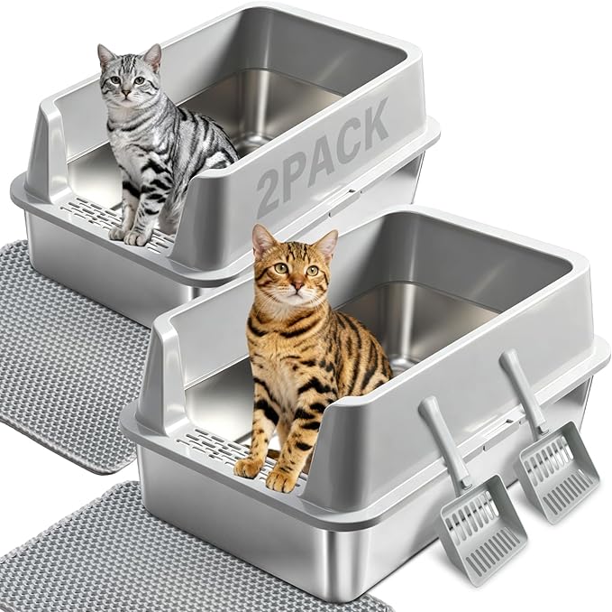 2PACK Stainless Steel Litter Box, Large Metal Cat Litter Box by Futam