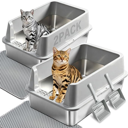 2PACK Stainless Steel Litter Box, Large Metal Cat Litter Box by Futam