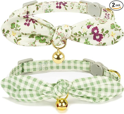 2 Pack Cotton Cat Collar, Removable Bowtie, Floral Pattern, Safety Breakaway by Petiry