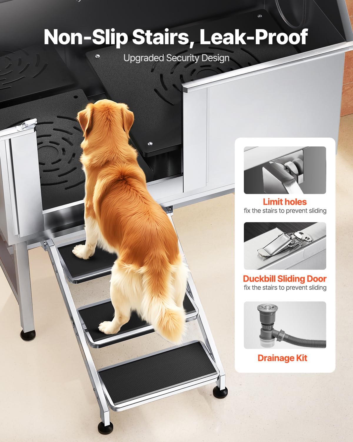 VEVOR Stainless Steel Dog Washing Station, Professional 50 inch Pet Grooming Tub w/Stairs, PE Water Filter Board, Faucet & Showerhead & Soap Holder Bathtub for Large & Medium & Small Pets (Left Door)
