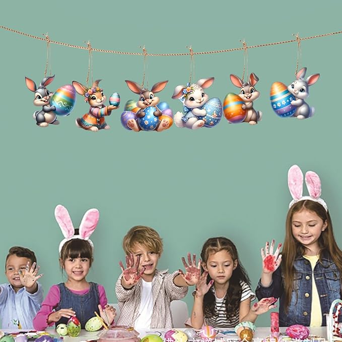 6 Pcs Easter Hanging Ornament Cartoon Cute Rabbit Designs Decoration DIY Crafts - Image 3