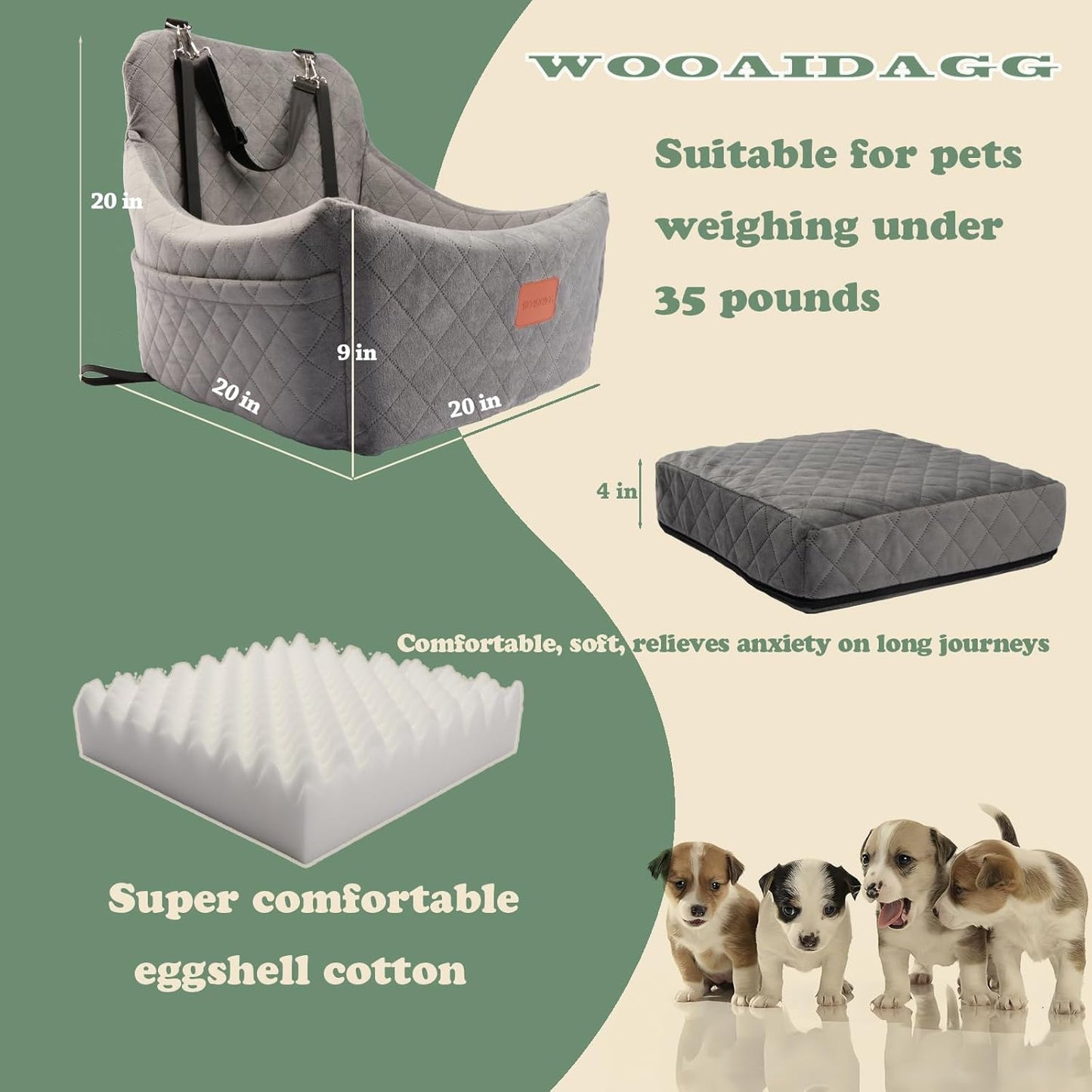 Dog Car Seat for Medium Sized Dog,Pet Travel Car Bed with Seat Belt Channle,Fully Detachable and Washable Car Dog Seat with Adjustable Straps,3 Straps Easy to Install (Grey)