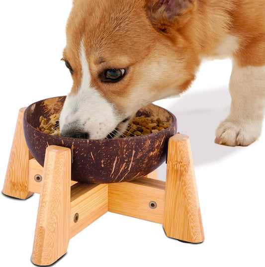 Raised Dog Bowl for Small Dog - Elevated, Ants-Off Stand, Real Coco Bowl, Height 5-inch, 33-oz Dish Capacity - Coconut/Bamboo Natural Calming Effect