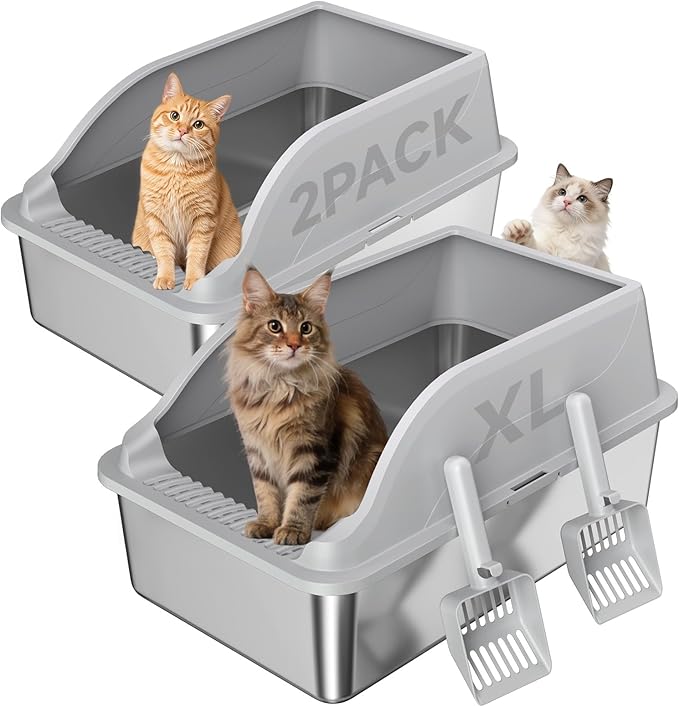 2PACK Stainless Steel Cat Litter Boxes, XL Large Metal Litter Box by KISENG