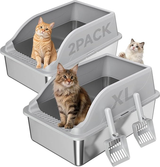 2PACK Stainless Steel Cat Litter Boxes, XL Large Metal Litter Box by KISENG