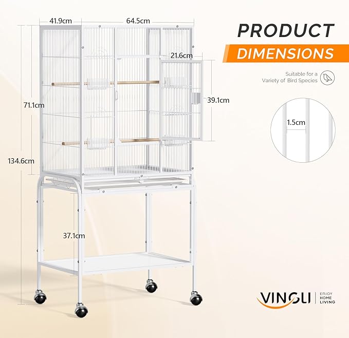 VINGLI 53-inch Bird Cage with Wheels, Durable Wrought Iron Parakeet Cage with - Image 3