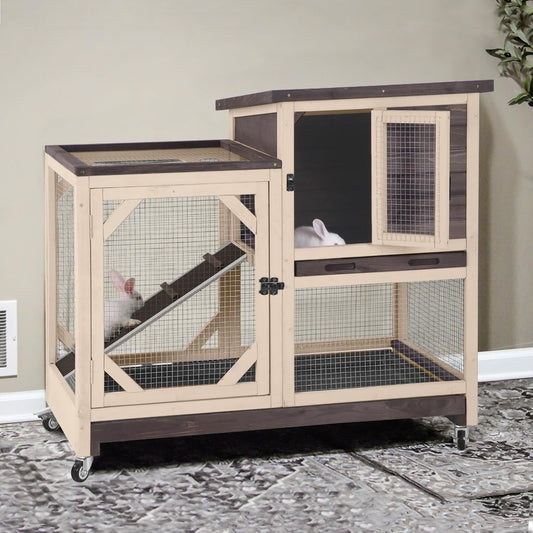 GUTINNEEN 2-Story Rabbit Hutch with Chew-Proof Ramp & Pull-Out Trays - Indoor/Outdoor 39.3" Wooden Rabbit Cage on Wheels for Rabbits, Guinea Pigs (Dark Brown)