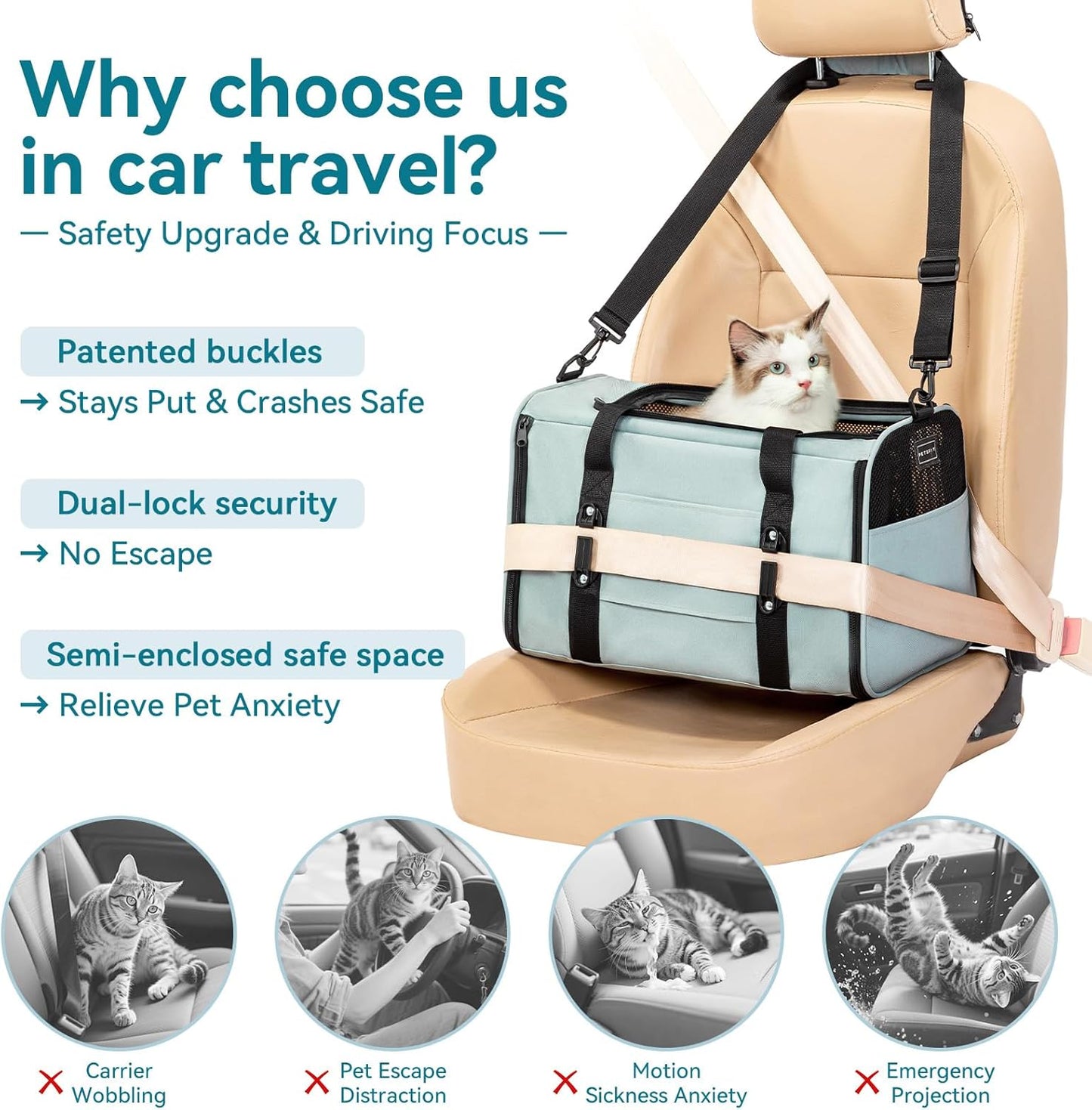 PETSFIT Soft-Sided Cat Carriers & Car Seats with Patent Safe Buckles, Clip-On Harness，18"x11"x11" Airline Approved Pet Carrier - 9 lbs Capacity (Cyan Blue)