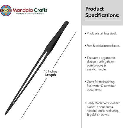 Mandala Crafts 15 Inches Black Stainless Steel Straight Aquarium Tweezers - Image 3