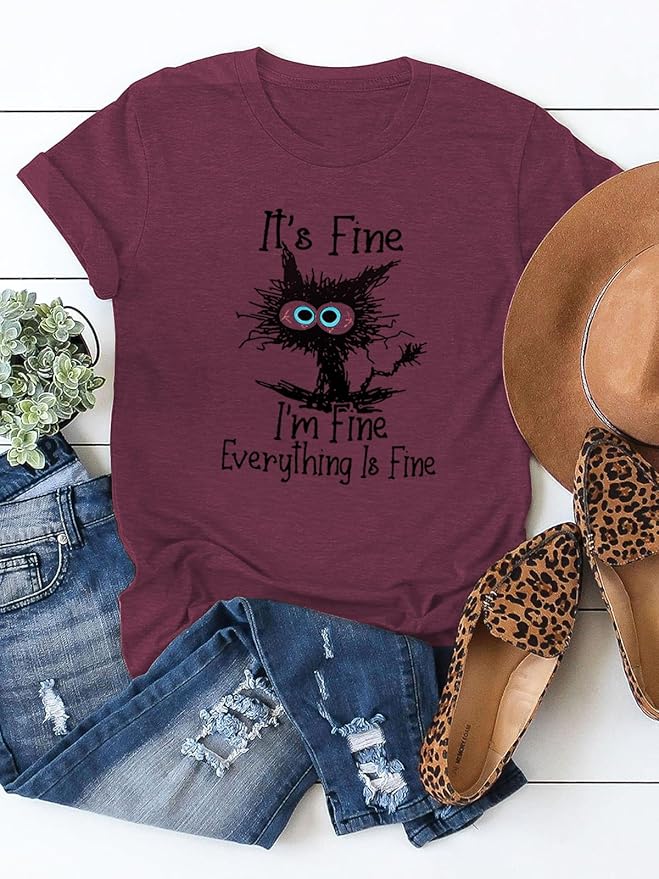 Funny Cat T Shirts for Women Everything is Fine Graphic Tees Casual Short - Image 4
