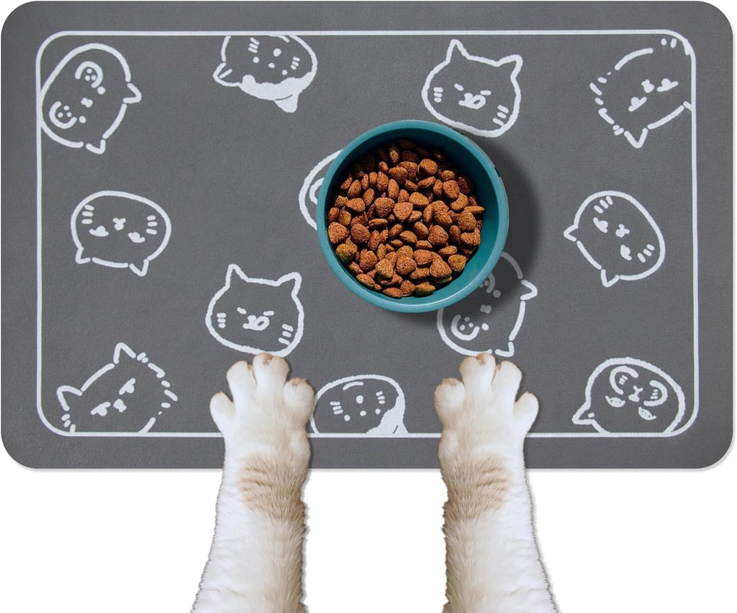 YCT Cat Food and Water Mat for Pets - Non-Slip Super Absorbent Dog Bowl Mat With Multiple Cat Heads Logo - 24 x 16.9 Inches, Dark Grey