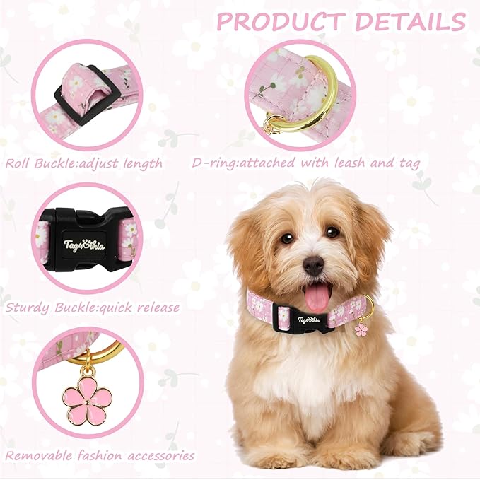 Dog Collar with White Floral Patterns, Spring Summer Collection Pink Dog Collar - Image 3