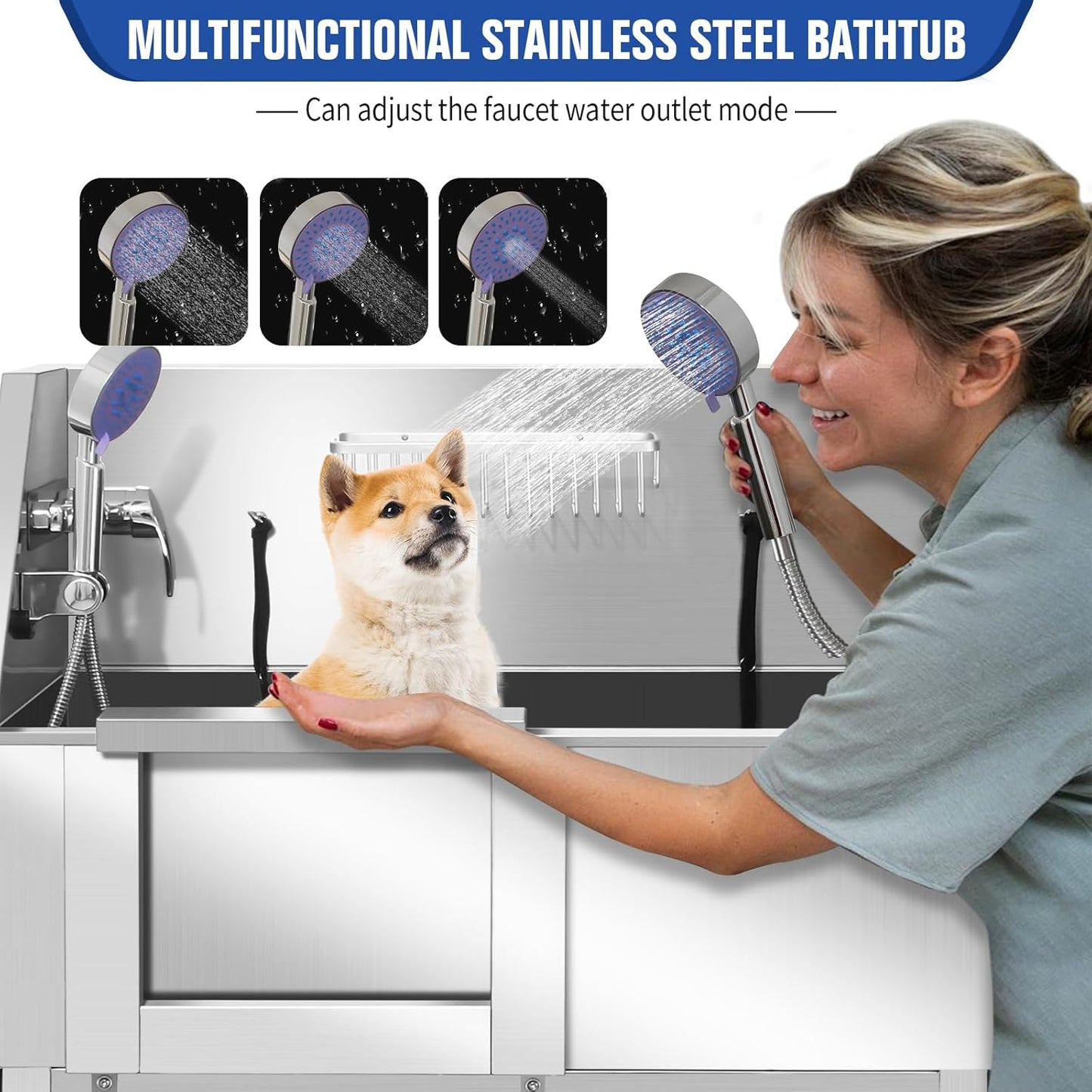 Professional Stainless Steel Dog Grooming Bathtub Station Wash Shower Sink with Faucet Walk-in Ramp and Accessories Pet Grooming Bathtub Station,34" L-RAMP