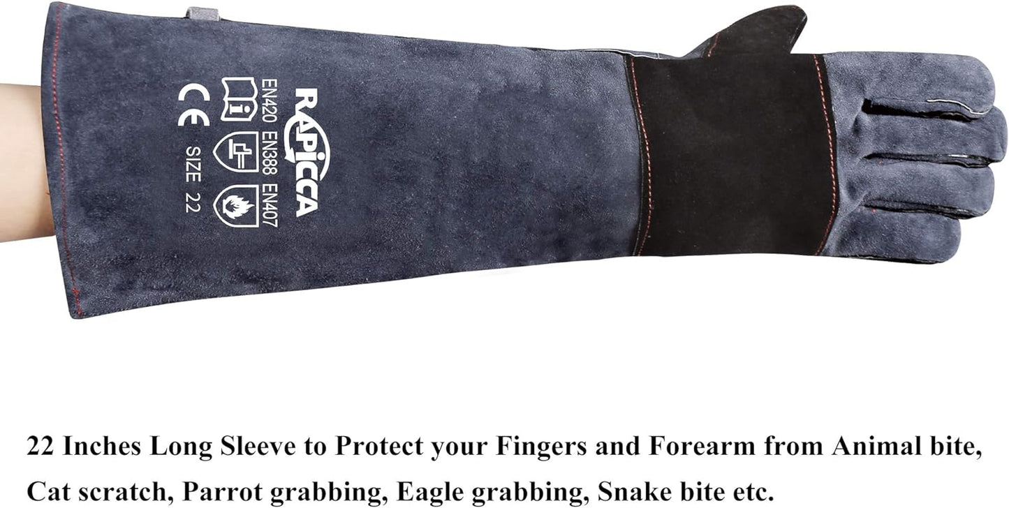 RAPICCA Animal Handling Gloves Bite Proof Reinforced Leather Padding Dog,Cat Scratch,Bird Handling Falconry Gloves Grabbing,Reptile Squirrel Snake Bite 22in Grey-Black