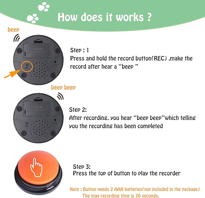 FINEST+ Voice Recording Button for Communication Pet Training Buzzer, 30 Second - Image 3