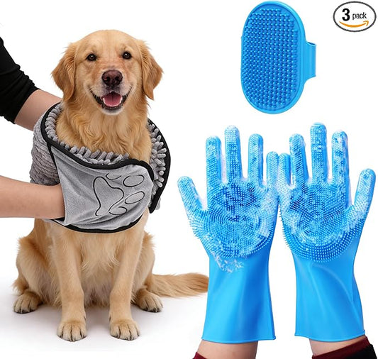 3PCS Dog Bath Kit, Dog Bath Brush | Dog Bath Gloves | Microfiber Dog Towel 26'' by IDQQUQQ