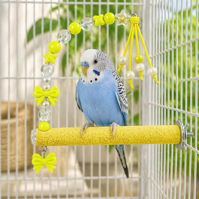 Bird Parrot Perch with Beads and Bow Chew Toy, Cage Platform Toy and Exercise - Image 4