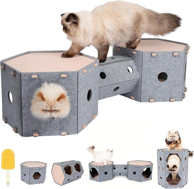Cat Tunnel House for Indoor Cats, w/Hair Brush, DIY Expandable Modular Felt Pet by Muzzique