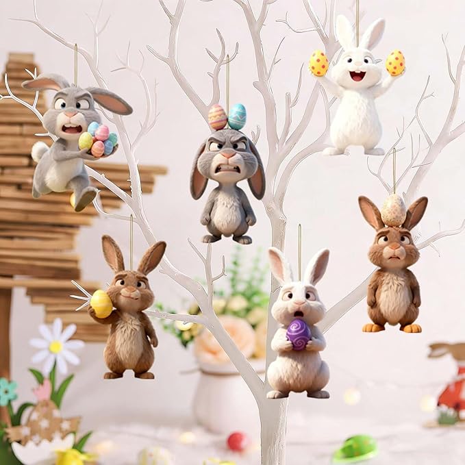 6 Pcs Easter Hanging Ornaments for Tree Funny Bunny - Image 2