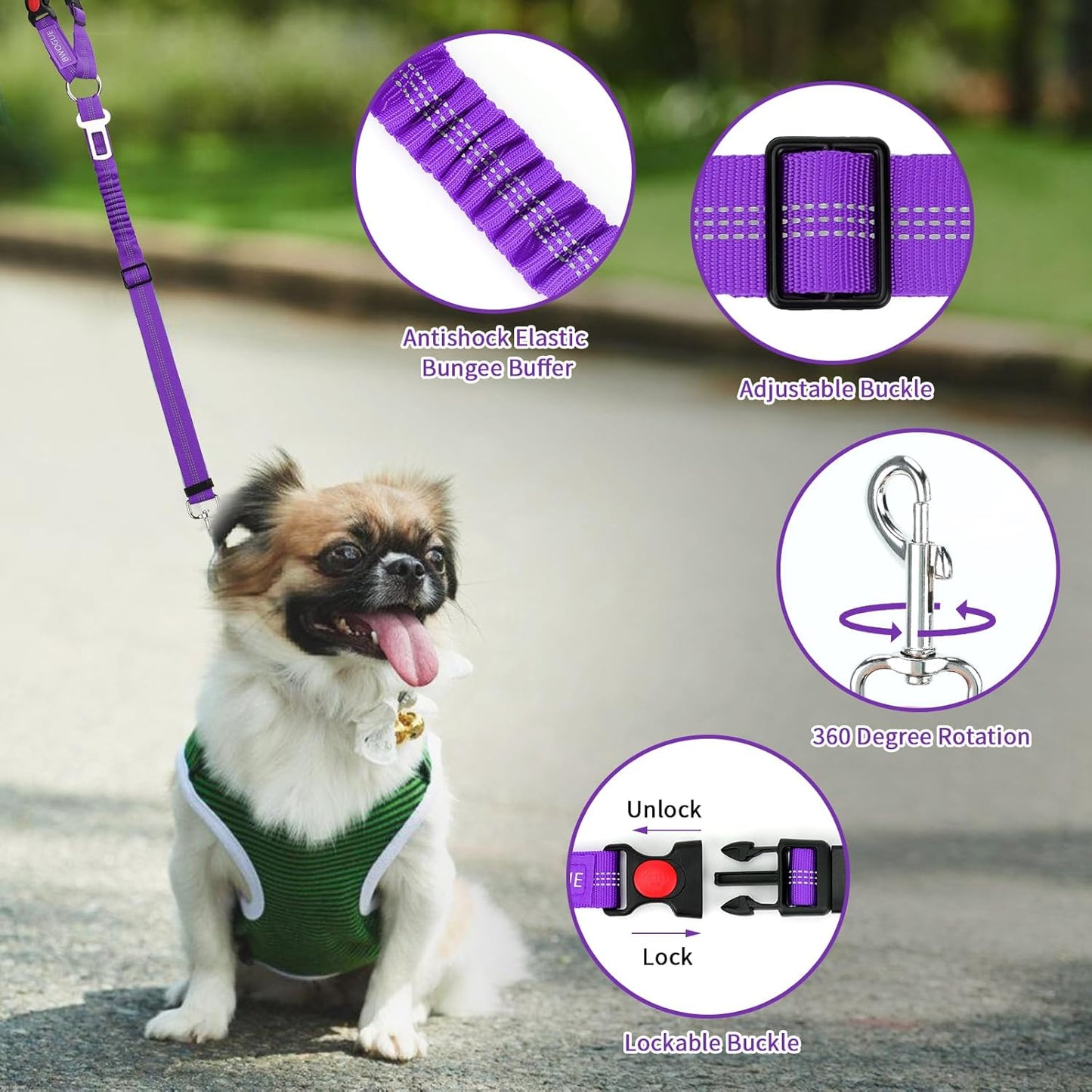 BWOGUE Pet Dog Cat Seat Belt Reflective Car Dog Headrest Restraint Leash Elastic Buffer Bungee Adjustable Tangle-Free Safety Leads Vehicle Seatbelt Harness for Small, Medium and Large Dogs (1 Pack)