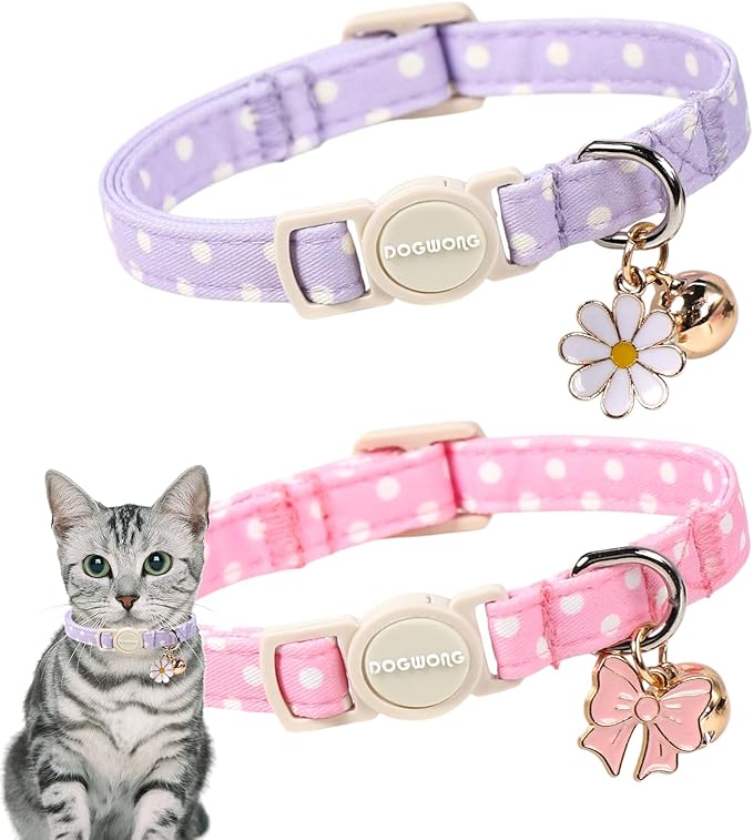 2 Pack Pink Purple Polka Cat Collars Breakaway by DOGWONG
