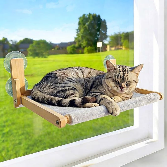 Foldable Cat Window Perch, Natural Wood, 16.5''×12'' Hammock, 35 lbs Weight by GesomePurrz