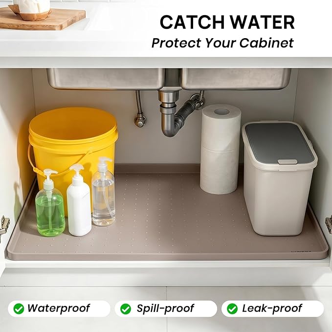 YINEYA Silicone Under Sink Mat Waterproof 24" x 16", Raised Edge Cabinet Liner - Image 3