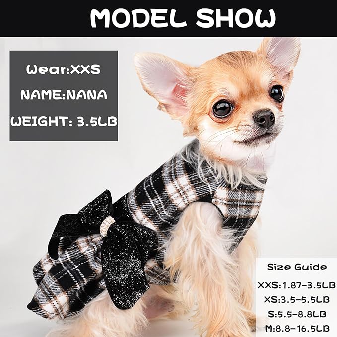 Dog Dress for Small Dog, Yorkie Sweater Girl Plaid Puppy Clothes Chihuahua Cat - Image 2