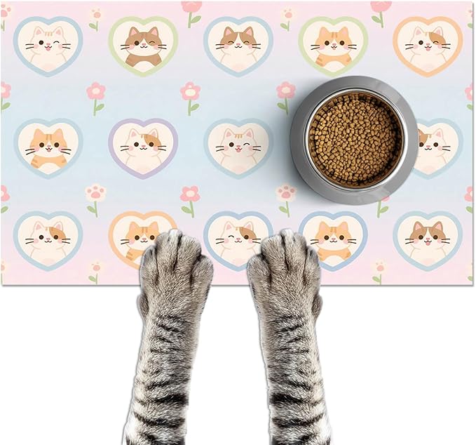 HOMETITUTE Cat Food Mat Pastel Heart Kitten Print, Non-Slip Elegant Pet Bowl by HOMETITUTE