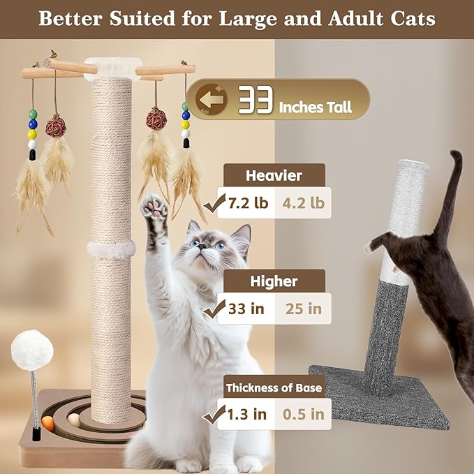 PAROTO Tall Cat Scratching Post, 33 Inch Sisal Cat Tree Tower Scratcher - Image 2